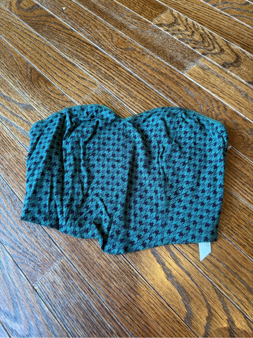 Free People Teal and Black Houndstooth Strapless Crop Top